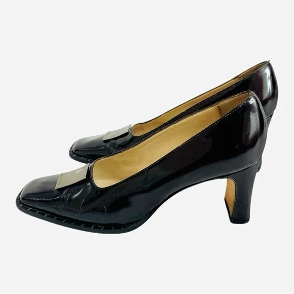 Vintage Escada Black/Brown Leather Pumps Metal Logo Stiletto Size 7B - Picture 8 of 14